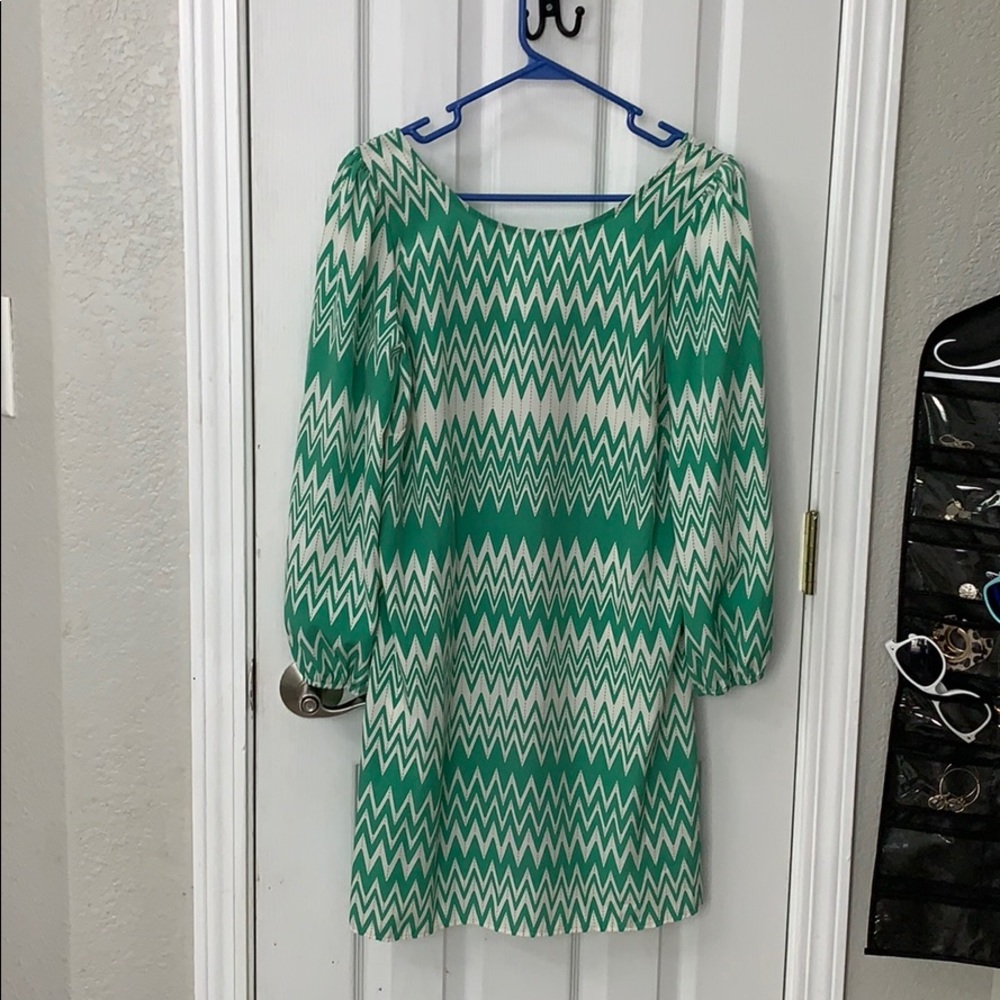 Mid length white, green and brown dress